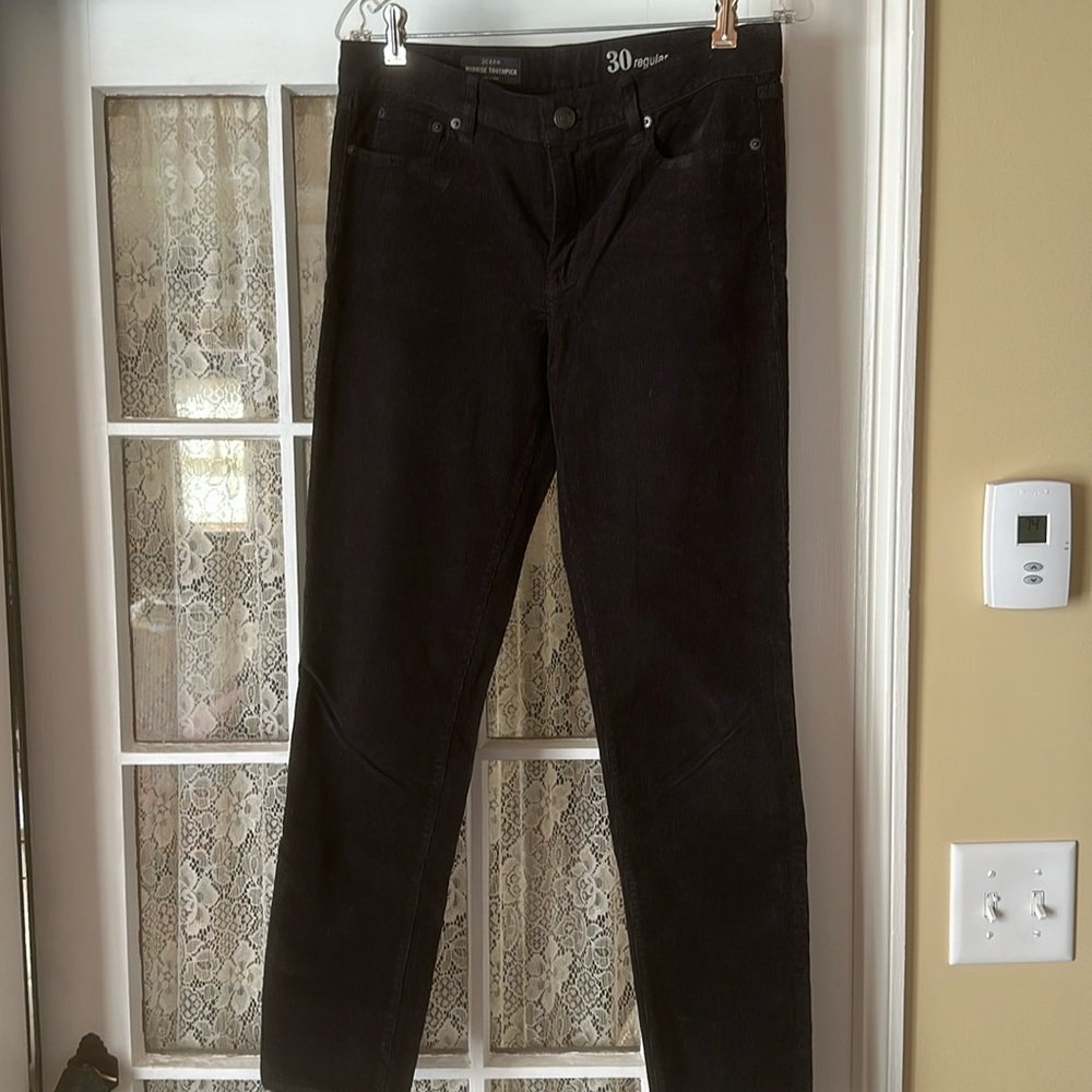 J Crew black mid rise toothpick corduroy pants. Size 30